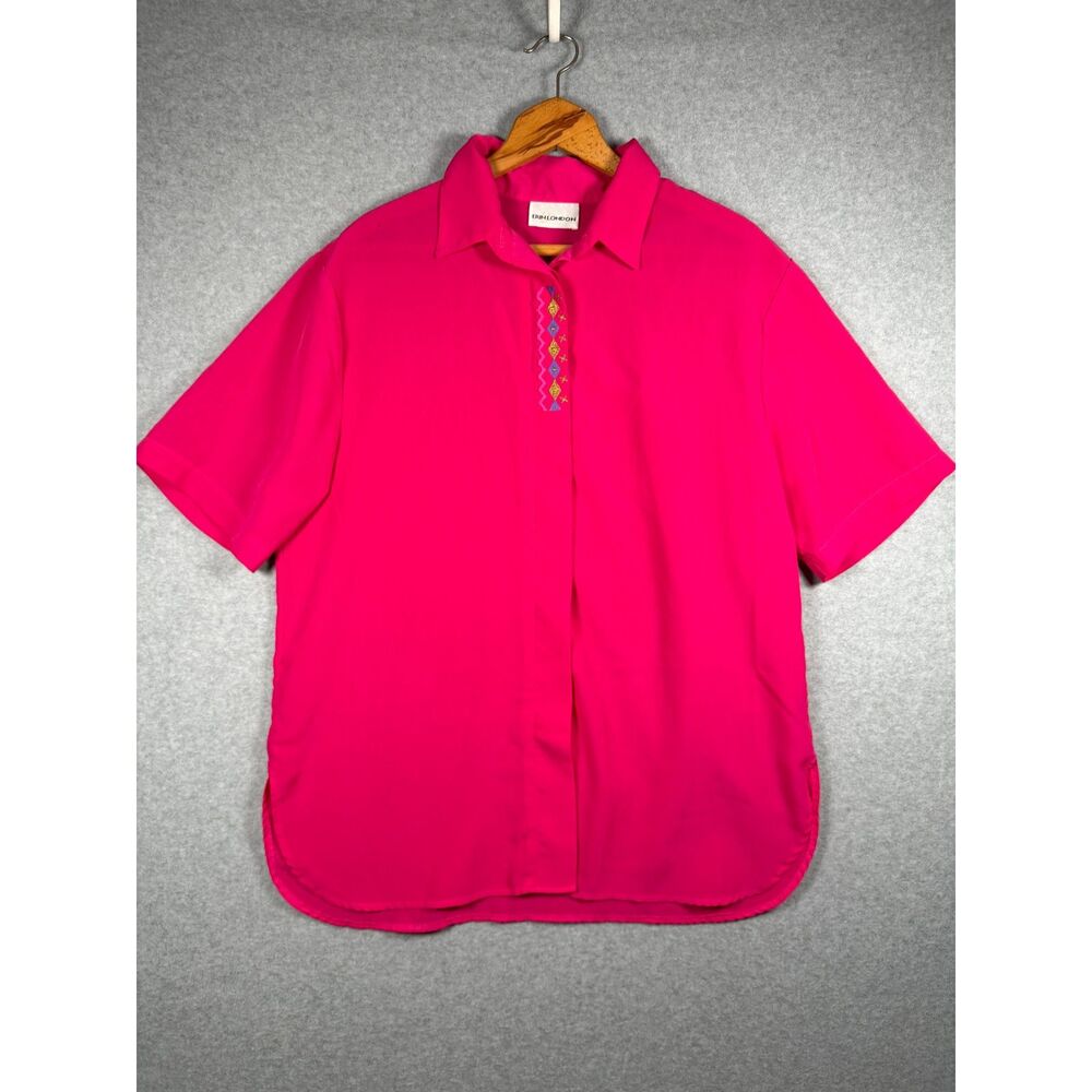 Erin London Hot Pink Embroidered Button Front Blouse Women’s Large 3858